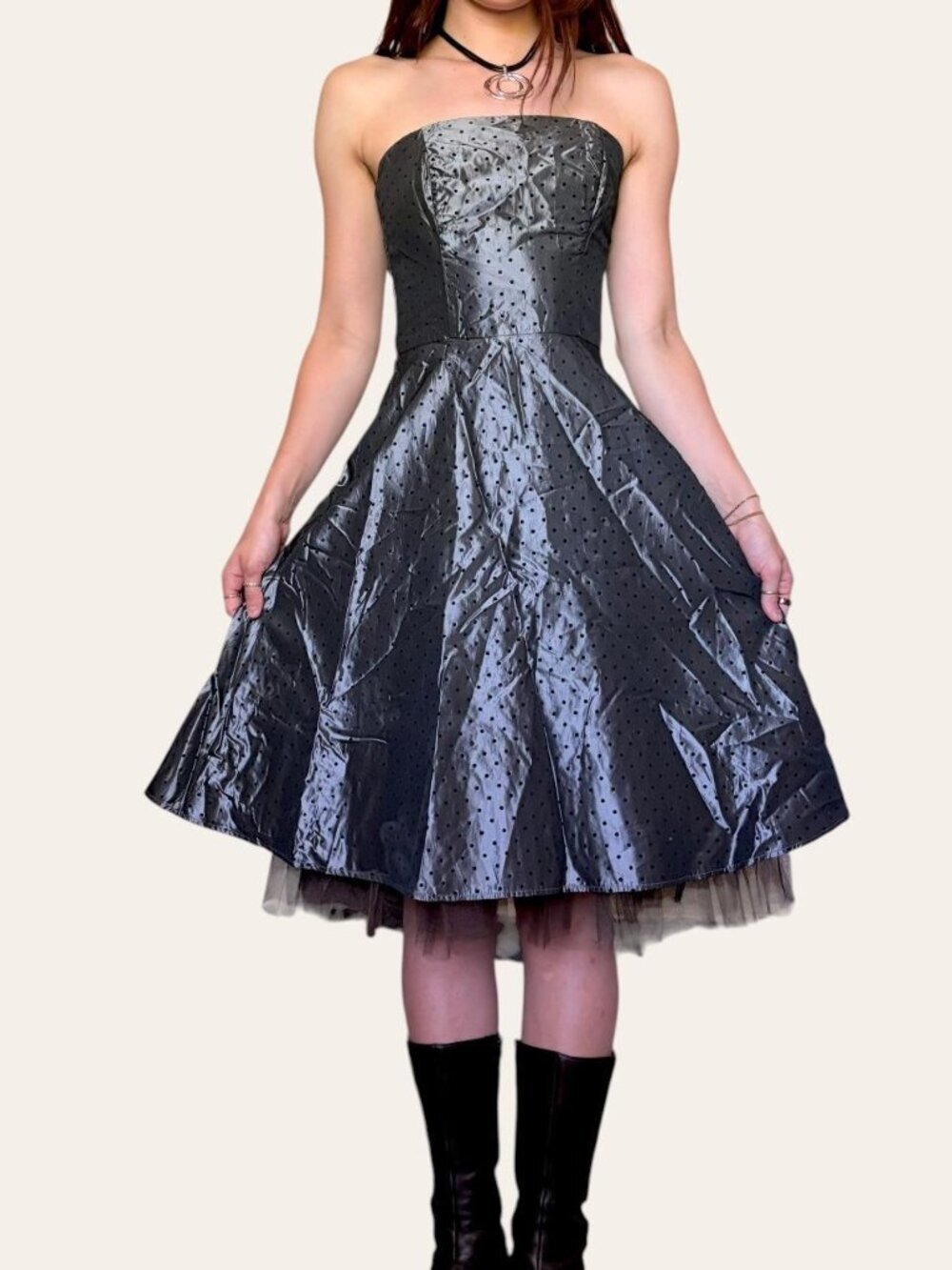 90s Rampage vintage strapless grunge silver black polka dot metallic party dress - Picture 3 of 7